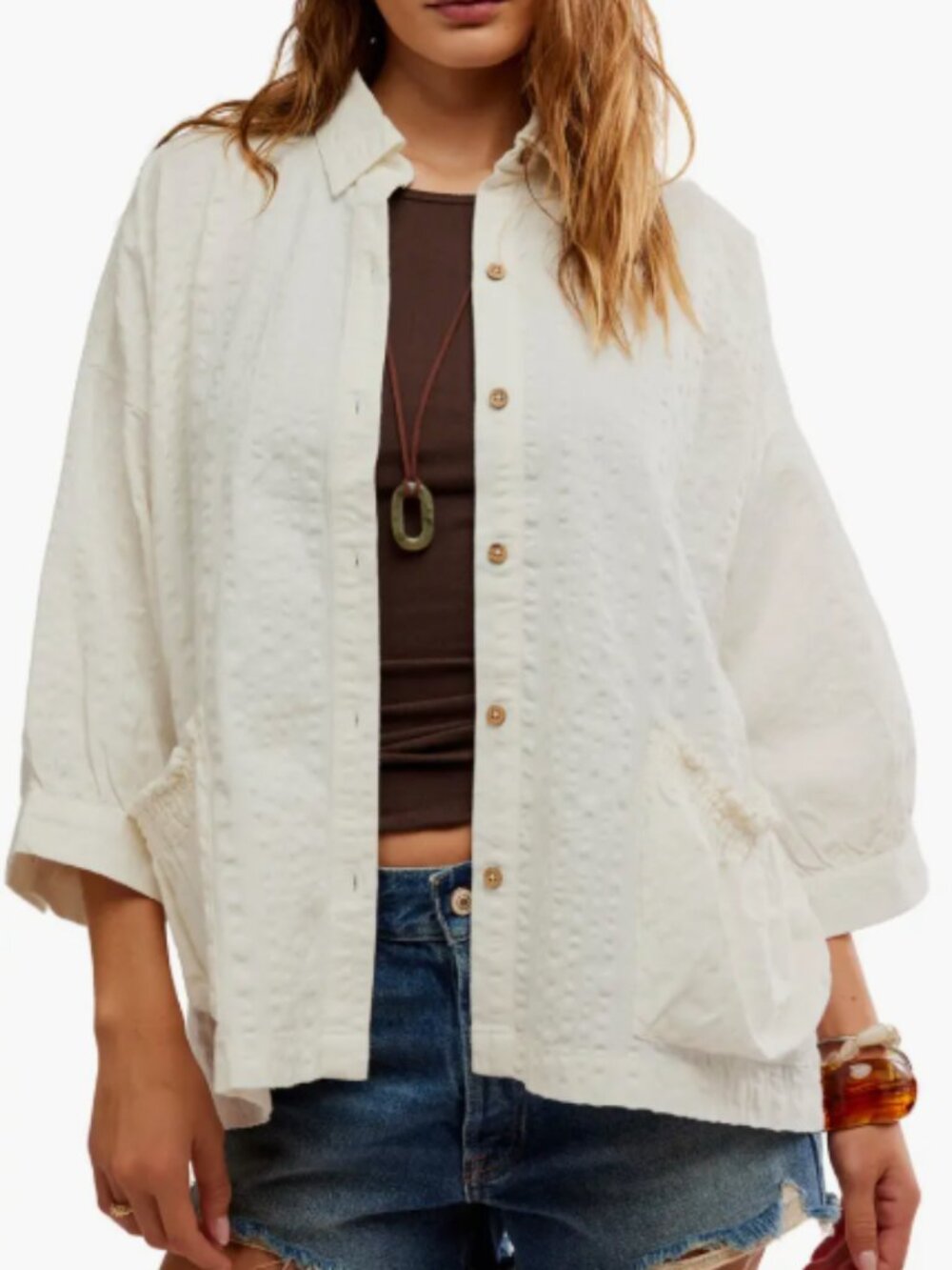 Free People Just Like Me Cotton Seersucker Button Up Shirt Yellow XS Boho